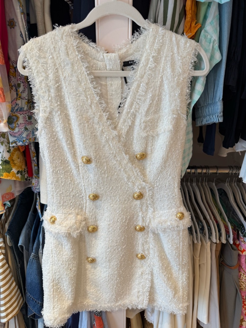 Balmain White Tweed Fringe Jacket Vest